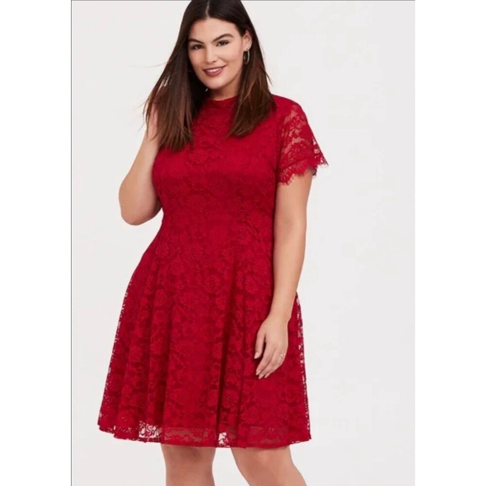 Red Lace, Mock Neck Dress